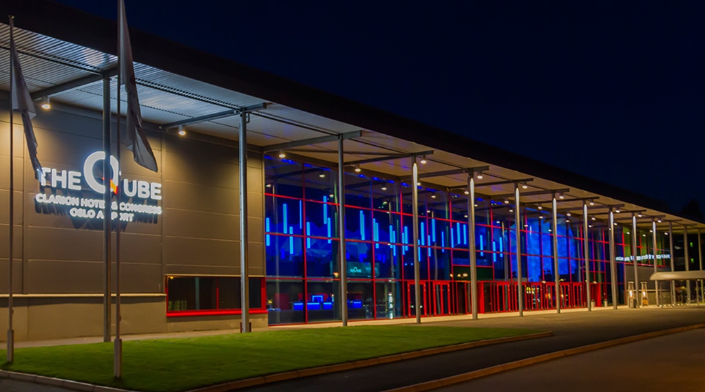 The facade of The Qube congress hall at Oslo Airport Congress & Hotel in Oslo