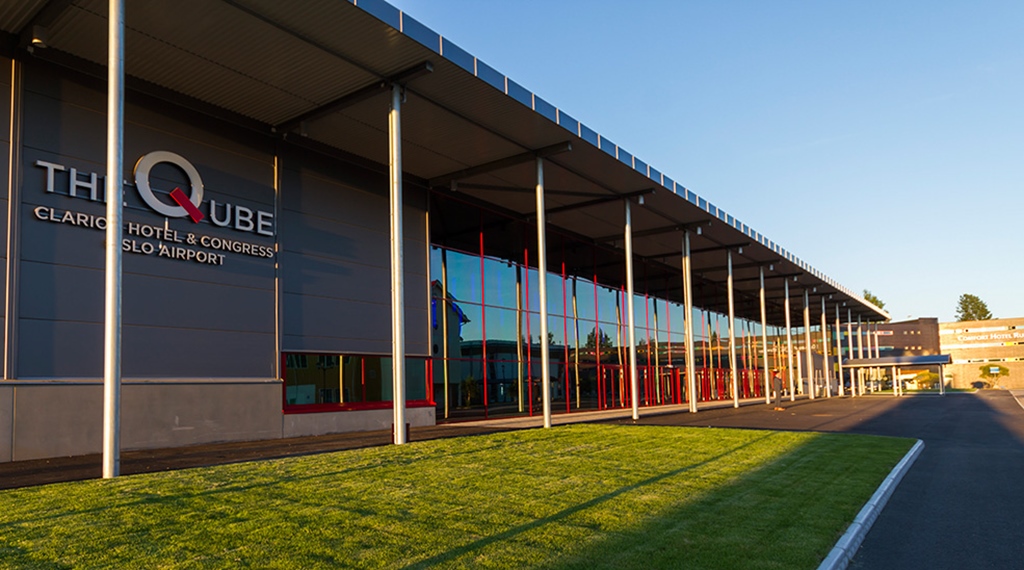 The Qube congress hall facade at Oslo Airport Congress & Hotel in Oslo